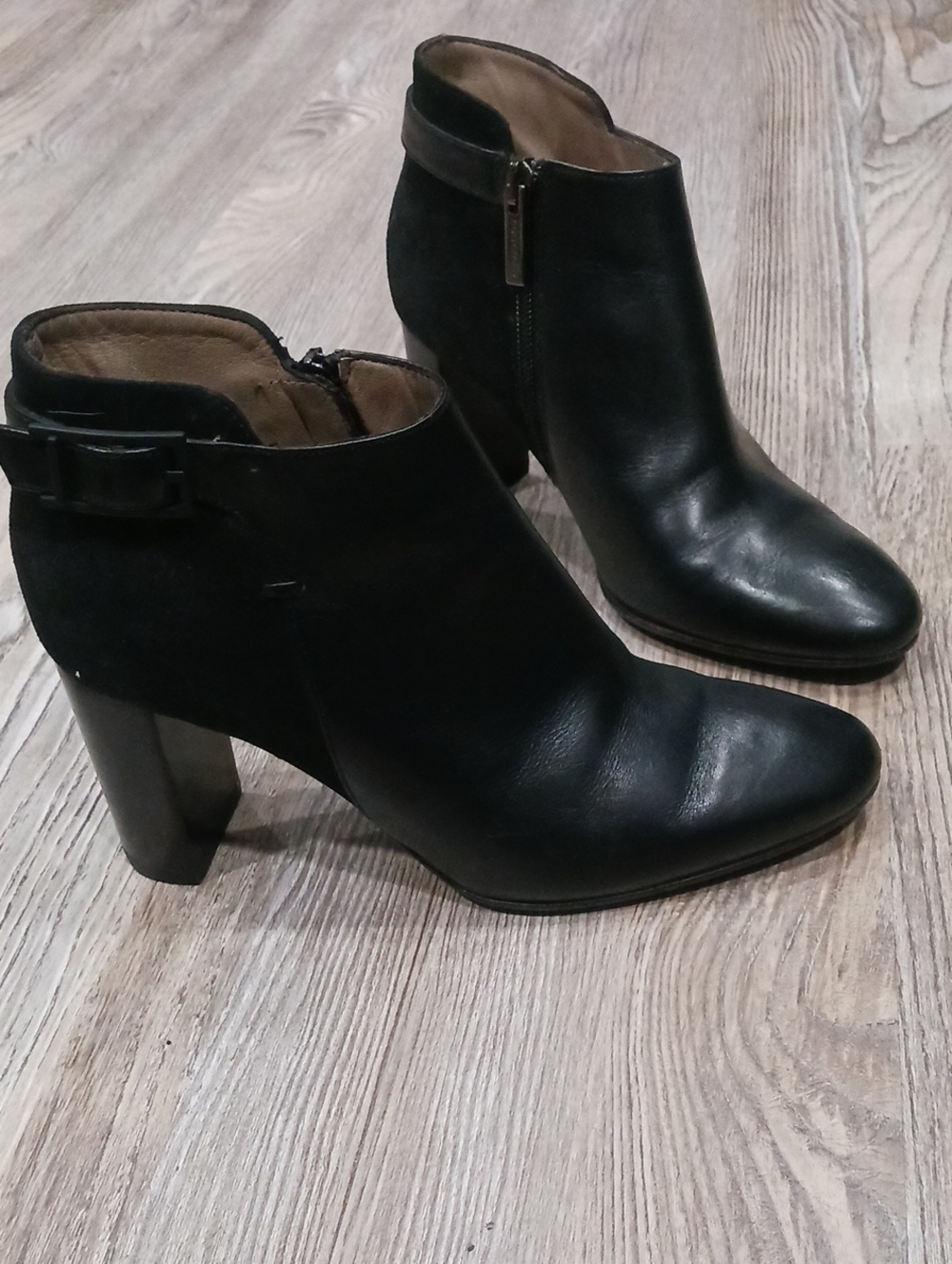 Aquatalia Black Leather & Suede Ankle Boots with Block Heel